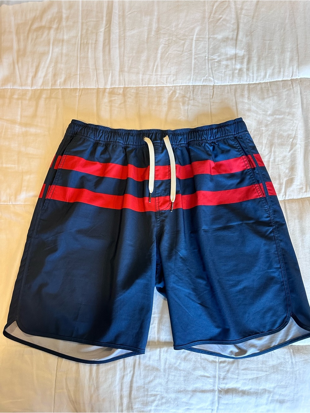 Fair Harbor Navy Swim Shorts with Red Stripes